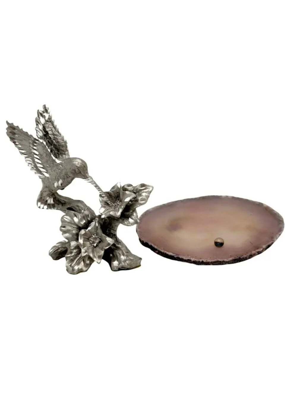 Pewter Hummingbird & Hibiscus Vtg Figurine Separate Agate Base 3.5